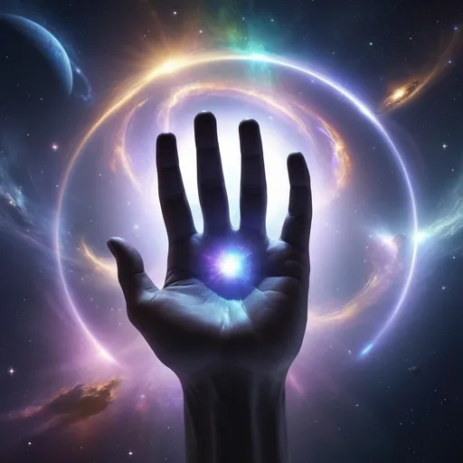 Prompt: Halo with spectral hands shaping the universe, galaxies, hyper realistic, no character, beautiful