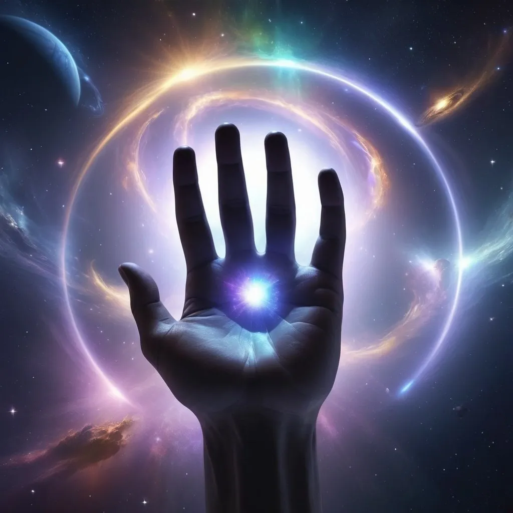 Prompt: Halo with spectral hands shaping the universe, galaxies, hyper realistic, no character, beautiful