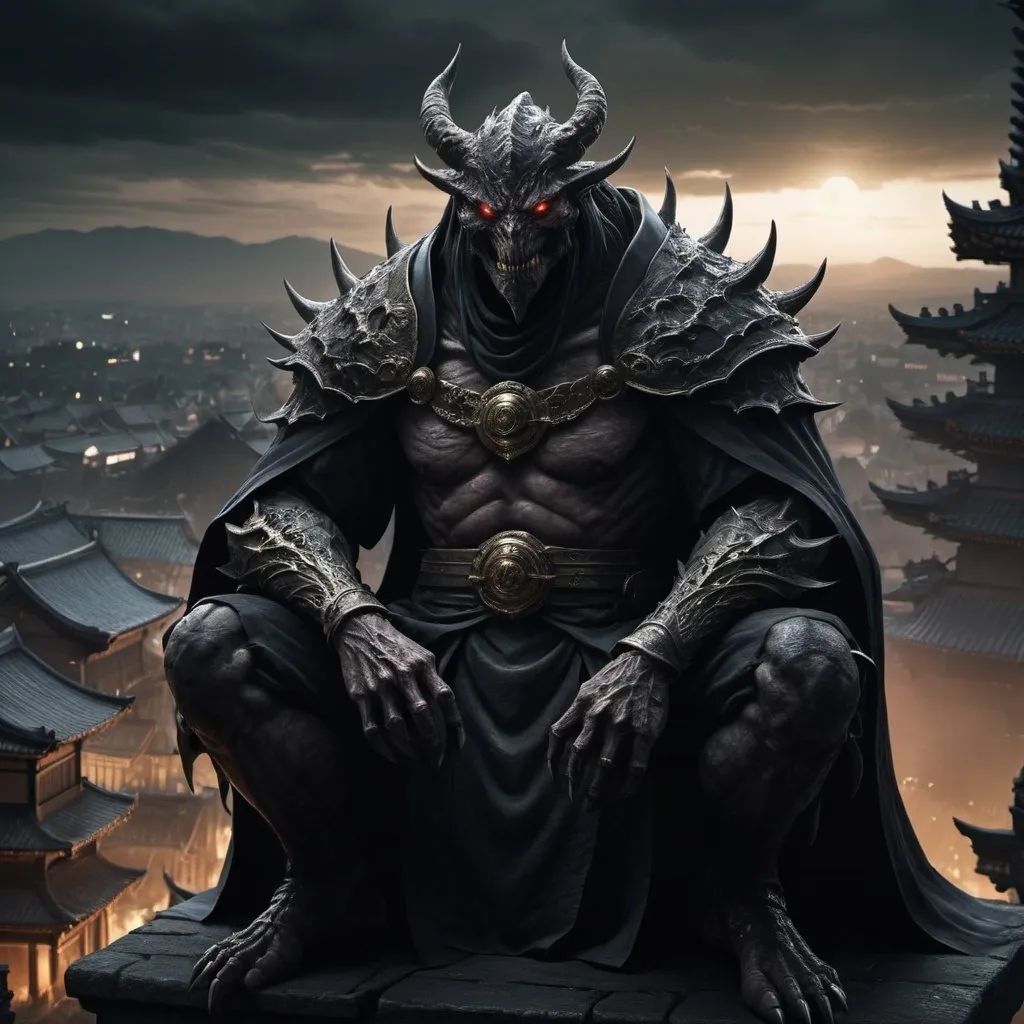 Prompt: Country as final boss (Japan), realistic, monster, epic, high quality, elden ring style, full body, sitting on a high medieval fantastic city, dark, shadow