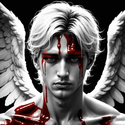 Prompt: Beautiful male angel face, black and white, crying blood (red tears), everything else is black and white, face only, realistic