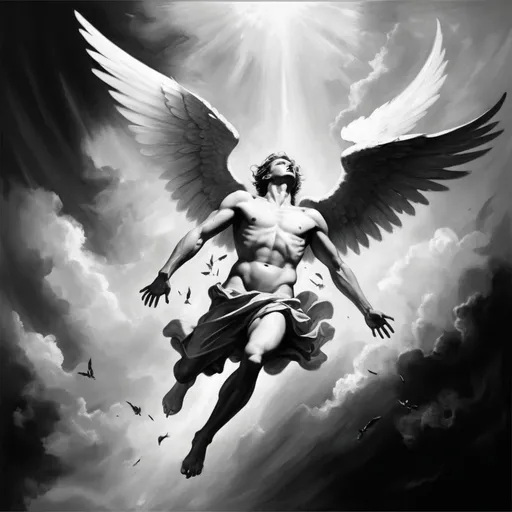 Prompt: Angel falling down the sky, black & white, rennaissance painting style, lucifer, high quality