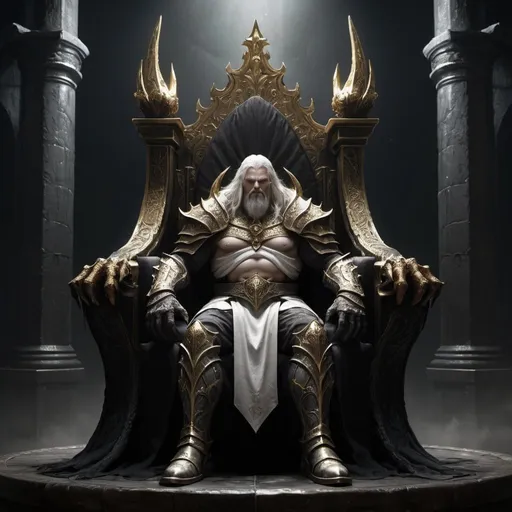 Prompt: final boss, realistic, monster, epic, high quality, elden ring style, full body, sitting on a high medieval fantastic throne, dark, shadow, needs to be massive, immense, gold and white