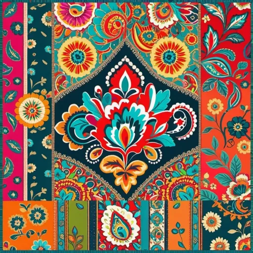 Prompt: REALISTIC GYPSY NON ORGANIC HANDMADE PATCHWORK WITH different FABRIC OF ORIENTAL , FLORAL, STRIPES AND PAISLEY VICTORIAN  PATTERNS , SATURATED AND JOY COLORS  