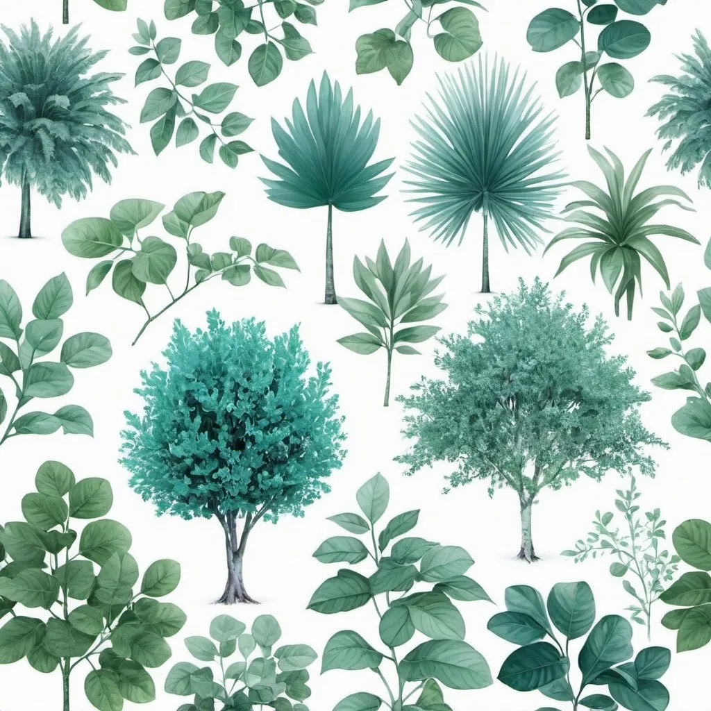 Prompt: shades of aqua and green plants trees and leaves against a pure white background