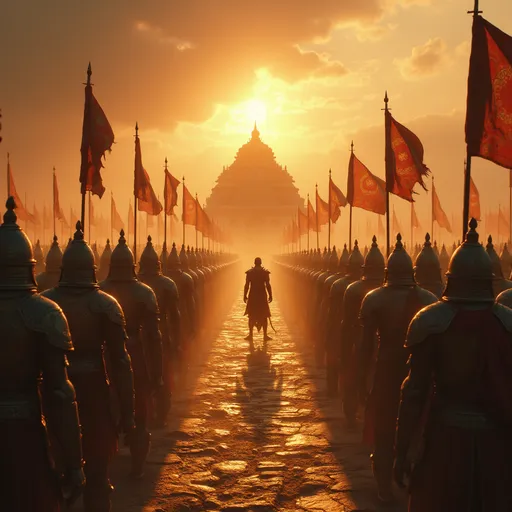 Prompt: "An epic and spiritual scene set on the ancient battlefield of Kurukshetra at sunrise. Thousands of warriors stand in formation on both sides, with flags fluttering in the wind. In the center, the blind king Dhritarashtra is seated on a golden throne in a palace, asking his charioteer Sanjaya for a report. Sanjaya stands respectfully, glowing with divine energy as he begins to narrate. The setting is sacred and powerful, with a divine atmosphere, glowing aura, ancient armor, golden light, and dramatic cinematic visuals. Style: mythological, Indian epic art, ultra-detailed, 4K, cinematic."