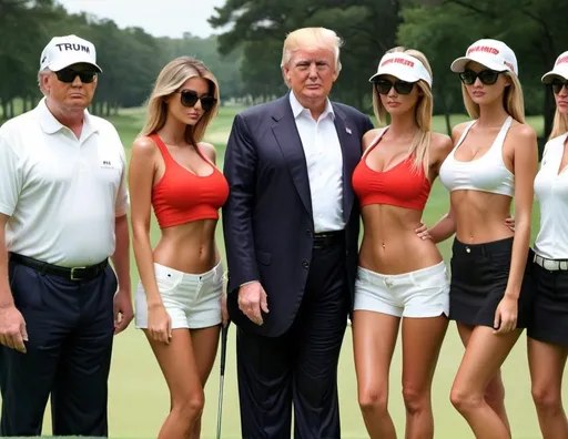 Prompt: Donald Trump golfing with hot girls