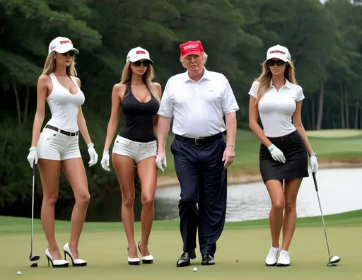 Prompt: Donald Trump golfing with hot girls