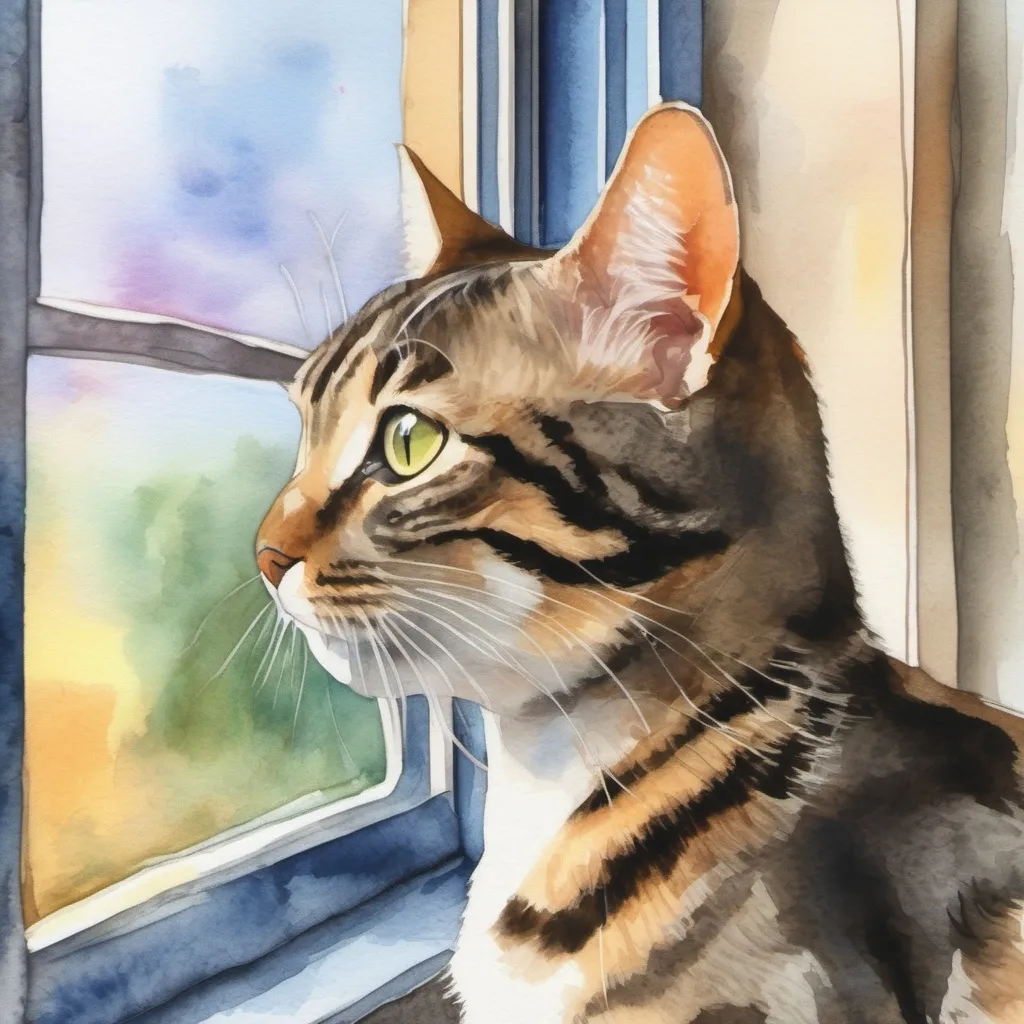 Prompt: A painting of a tabby cat in watercolour style looking out of a window.