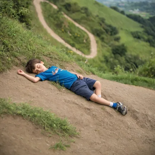 Prompt: A BOY SLEEPING DOWN THE HILL