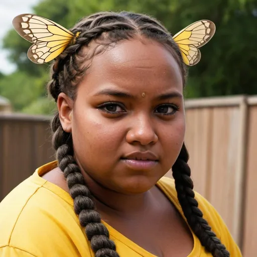 Prompt: a fat bee that looks somali and is a girl who is a bout 4ft2 with braids that look feral,evil and angry