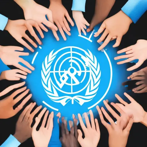 Prompt: generate an image with UNHCR logo at the center and multiple hands from diverse races building the unhcr logo at the center based on the image attached