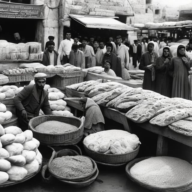 Prompt: ancient palestine bread market with a sign reading "bread on the water"