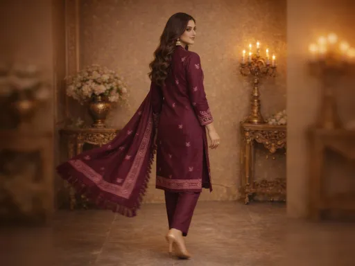 Prompt: A cinematic fashion video of a beautiful Pakistani female model wearing a maroon three-piece ethnic suit with a plain kurta back and an embroidered shawl. The model performs a slow, confident smart walk in a royal golden interior with antique decor, flowers, and candle stands. The shawl flows gracefully, showcasing detailed embroidery and tassels. Warm luxury lighting, shallow depth of field, high realism, premium fashion editorial style, Instagram viral aesthetic, 4K quality, smooth motion.