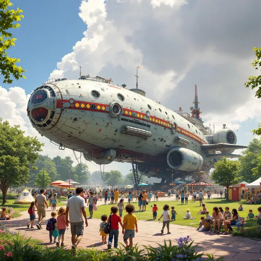 Prompt: A spaceship in a park. There is a fair-like culture with aliens and local tourists roaming around.
