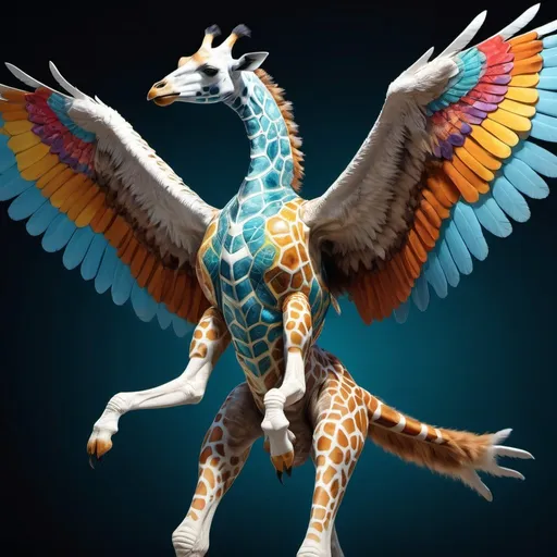 Prompt: Mutant creature combining giraffe, ice bear, eagle, cat, and turtle, surreal 3D rendering, intricate details, hyper-realistic, hybrid animal, majestic wingspan, long giraffe neck, furry ice bear body, eagle talons, feline agility, turtle shell elements, vibrant and bold colors, dynamic lighting, high contrast, mythical creature, high quality, 3D rendering, hyper-realistic, surreal, intricate details, majestic wingspan, vibrant colors, dynamic lighting, hybrid animal