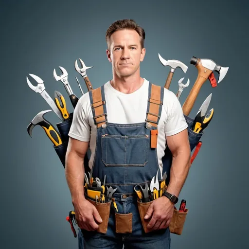 Prompt: create an image of a handy man facing forward with sheaths full of handy man tools instead of swords strapped to his back