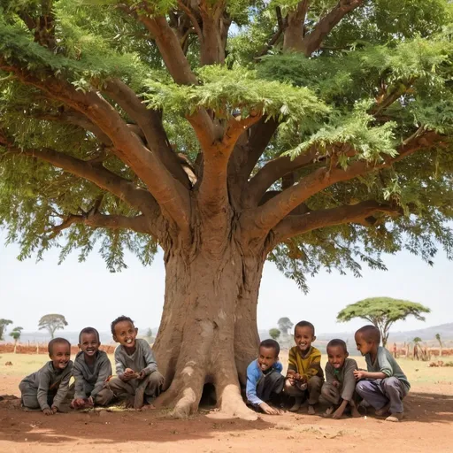 Prompt: ethiopian kids playing under the tree with enset barks