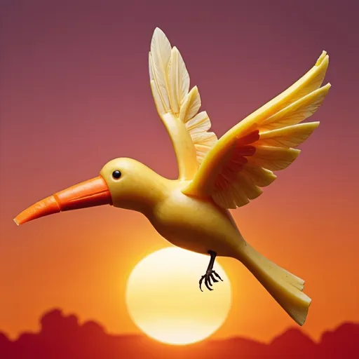 Prompt: A bird in flight made from a banana body, apple wings, and a beak carved from a carrot, set against a vibrant sunrise background