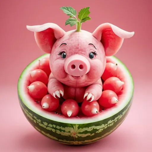 Prompt: A piglet composed of a round watermelon body with ears made of radish slices and a curly cucumber tail.