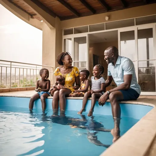 Prompt: An African family having good time in a balcony with kids playing in swimming pool, with rich atmosphere.