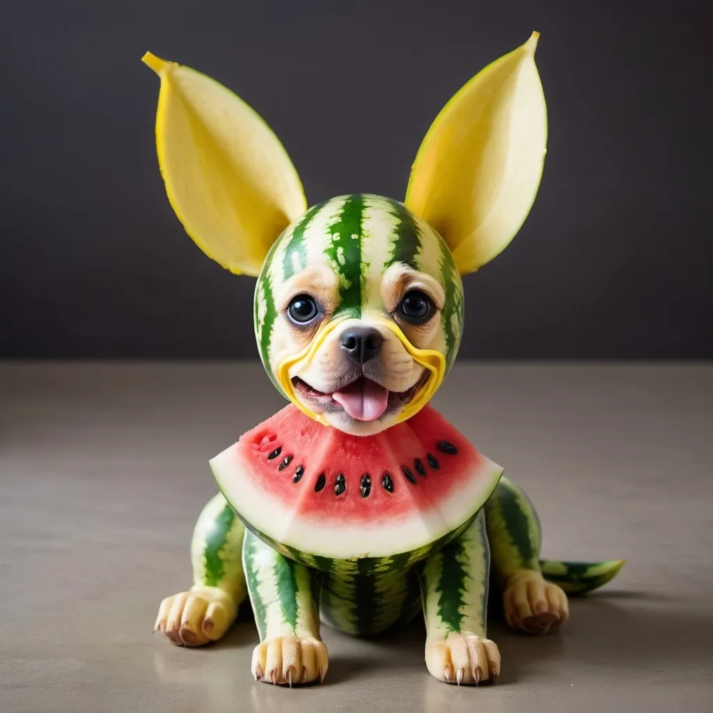 Prompt: A playful puppy crafted from a watermelon body, with ears made from banana peels and a nose from a blueberry.