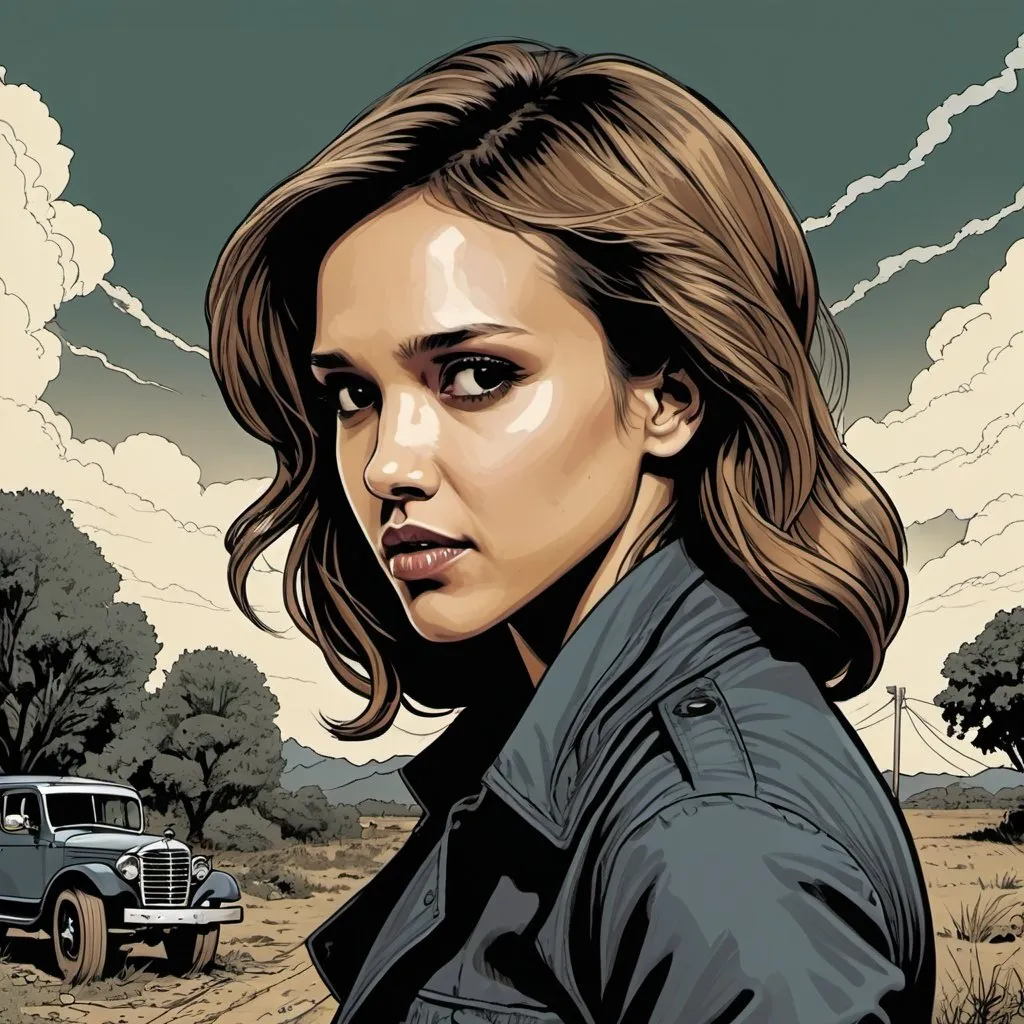 Prompt: jessica alba, landfields, detailed, dark colors, dramatic, graphic novel illustration,  2d shaded retro comic book