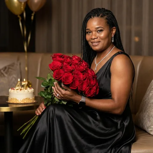 Prompt: Create a hyper-realistic luxury birthday portrait of a confident, elegant woman celebrating her 47th birthday. She is styled in a glamorous, all black flowing gown that accentuates sophistication and power—silky fabrics, tailored fit, and tasteful statement jewelry. Her hair is flawlessly styled, makeup is soft-glam with glowing skin, defined brows, and neutral lips.

The setting feels upscale and celebratory: a chic modern interior with warm ambient lighting, subtle birthday elements (luxury balloons, holding a large bouquet of beautiful red roses, or a minimalist strawberry cake with candles), and an overall “quiet luxury” aesthetic rather than loud party décor.

Her pose exudes confidence and gratitude—relaxed yet powerful, with a gentle smile that reflects growth, wisdom, and success. The mood is celebratory, abundant, and refined.

Photography style: editorial portrait, 50mm lens, shallow depth of field, f/1.8, crisp focus on the eyes, soft cinematic lighting, natural shadows, ultra-high resolution, realistic skin texture, elegant color grading.

Overall vibe: birthday glow-up, boss energy, gratitude, abundance, and elevated celebration.