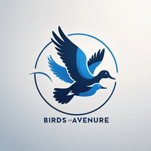 Prompt: Create a logo for a YouTube channel called "Birds of Adventure". The logo should feature a stylized dove and a drake (male duck) designed to look as if they are flying together or intertwined, symbolizing partnership and exploration. The design should be sleek and modern with smooth, clean lines and a minimalist aesthetic. Use a color palette of various shades of blue and white, which evoke feelings of freedom and the open sky. The channel name "Birds of Adventure" should be included below the graphic of the birds, using a clean, modern sans-serif font. The overall look should be professional yet inviting, appropriate for a channel focused on travel and adventure.