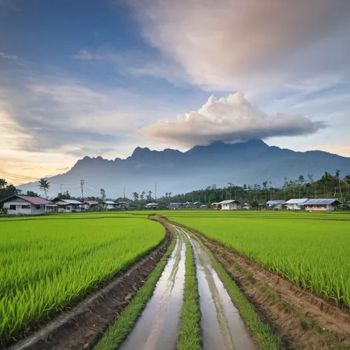 Prompt: paddy field with a rural road in the middle with Kinabalu mount at the back ground 