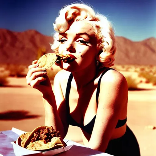 Prompt: MARILYN MONROE EATING A TACO IN THE DESERT
