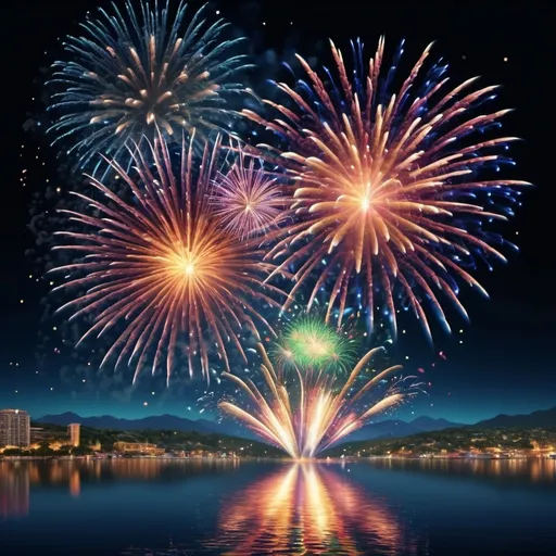 Prompt: (colorful fireworks exploding in the night sky), vibrant display of pyrotechnics, shimmering trails lighting up the dark backdrop, sparkling bursts reflecting in nearby water, captivating ambience of celebration and joy, high contrast illuminated scene, dramatic color contrasts with deep blues and bright colors, enchanting and festive atmosphere, ultra-detailed, 4K resolution.