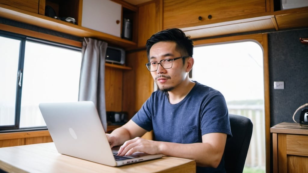 Prompt: An asian person who work remotely from home. They live in the caravan
