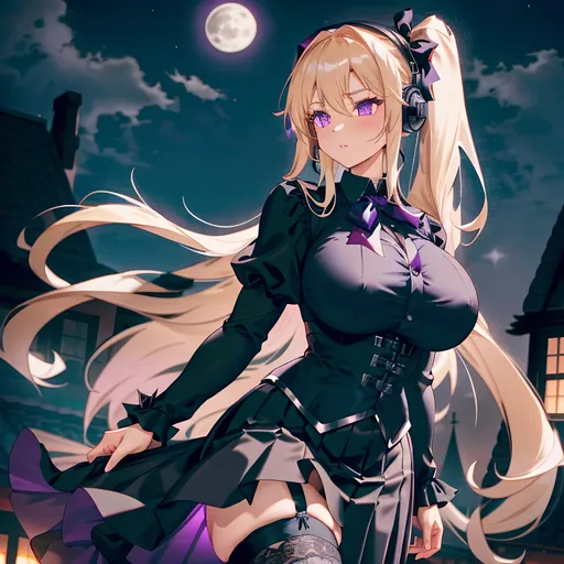 Prompt: On a night with a full moon, a woman with a tall muscular body stood on the roof of an old house; wearing high-tech headphones. She was dressed in a black tie front blouse and a long black gothic Lolita-style skirt with purple rose-shaped ribbons. Her long blonde hair was adorned with a purple ribbon; sharp eyes; a huge chest and thick thighs.