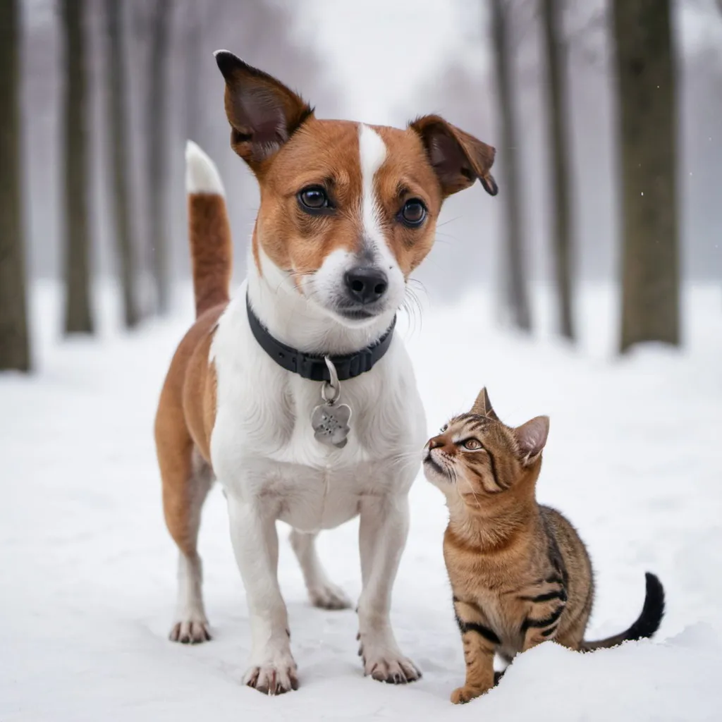Prompt: Image d’un chien jack russel avec un chat dans la neige