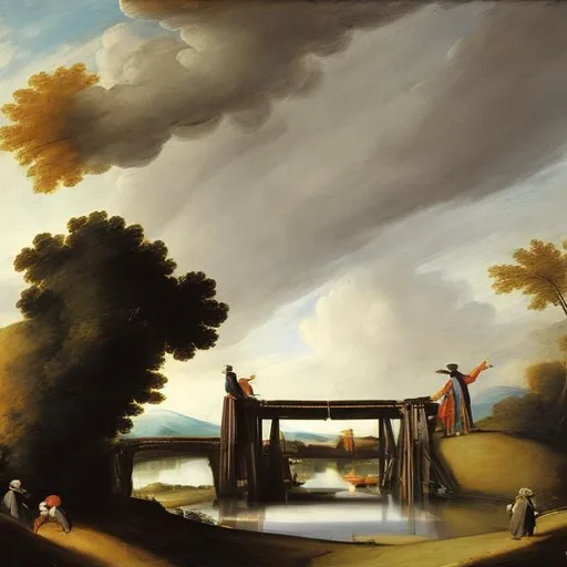 Prompt: create a painting in the style of rembrant of a bridge that connects two pieces of land. On both ends of the bridge there is a person. One of them is working in IT
