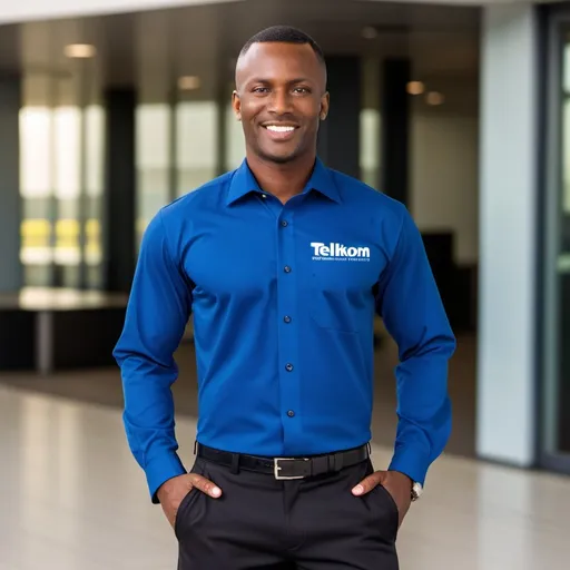 Prompt: Black man in Telikom Limited Corporate Wear shirt, color is to be in royal blue 2E94DO color, long sleeve and logo "Telikom Limited" on top left side. Wear dark blue long pants