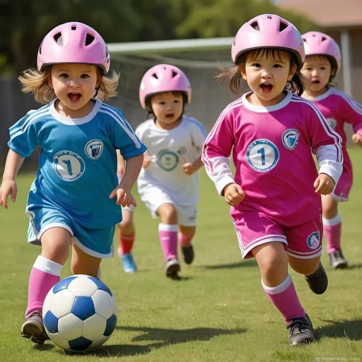 Prompt: Little toddler girls playing soccer in bike helmets, wearing soccer uniforms, kids wearing bike helmets, two teams in pink and blue, running and chasing the ball, girl kicking the ball, girl as goalkeeper, advertising style, vibrant colors, dynamic action, high energy, playful atmosphere, detailed facial expressions, sunny outdoor setting, professional art, colorful, high quality, lively