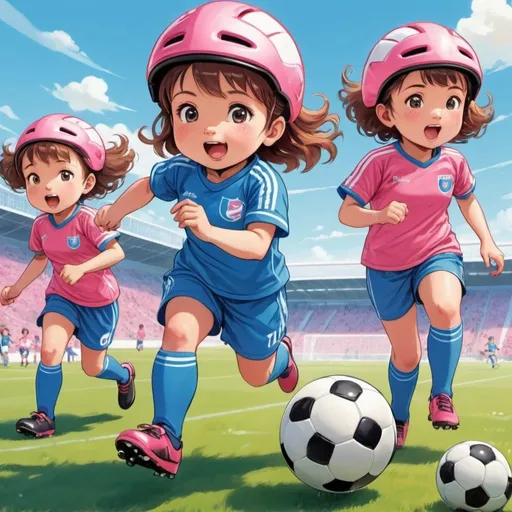 Prompt: Anime-style illustration of toddler girls playing soccer, wearing bike helmets and soccer uniforms, pink and blue teams, running and chasing the ball, one girl kicking the ball, goalkeeper girl, vibrant and energetic, high-quality, anime, sporty, playful, bright colors, dynamic poses, detailed bike helmets, cute design, lively atmosphere, natural lighting