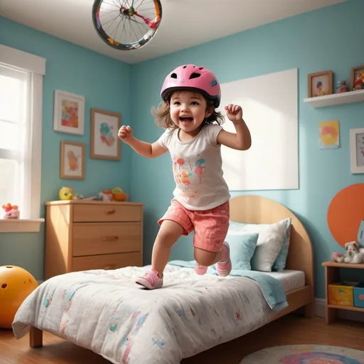 Prompt: Photorealistic illustration of a joyful toddler girl, bright and colorful, playful bedroom setting, realistic lighting and shadows, detailed facial features, soft and comfortable fabrics, high quality, photorealism, child jumping on the bed, bike helmet, carefree and playful, innocence and joy, authentic emotions, realistic textures, natural lighting, vibrant colors, detailed expression