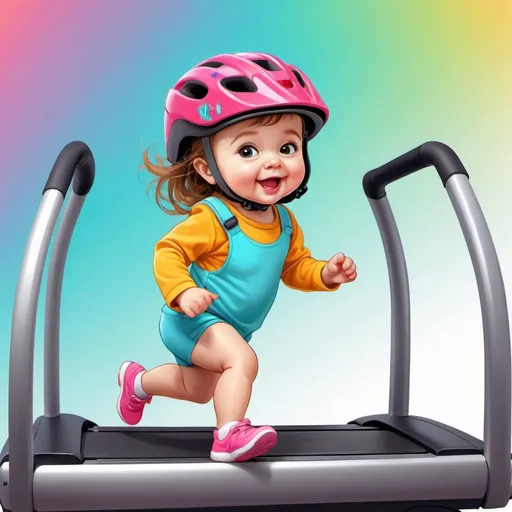 Prompt: Little toddler girl running on a treadmill, wearing a bike helmet, playful expression, bright and colorful, cartoon style, energetic motion, vibrant and cheerful, high quality, detailed illustration, playful, cartoon, bright colors, energetic lighting