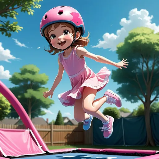 Prompt: Anime-style illustration of a little girl jumping on a trampoline, wearing a pink bike helmet and a blue dress, vibrant backyard setting, detailed fabric folds, joyful expression, mid-air pose, soft and natural lighting, high-quality, anime, vibrant colors, detailed clothing, joyful, backyard setting, dynamic pose, professional, soft lighting