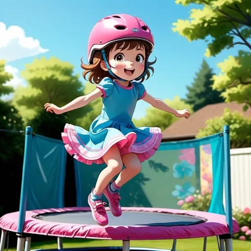Prompt: Anime-style illustration of a little girl jumping on a trampoline, wearing a pink bike helmet and a blue dress, vibrant backyard setting, detailed fabric folds, joyful expression, mid-air pose, soft and natural lighting, high-quality, anime, vibrant colors, detailed clothing, joyful, backyard setting, dynamic pose, professional, soft lighting