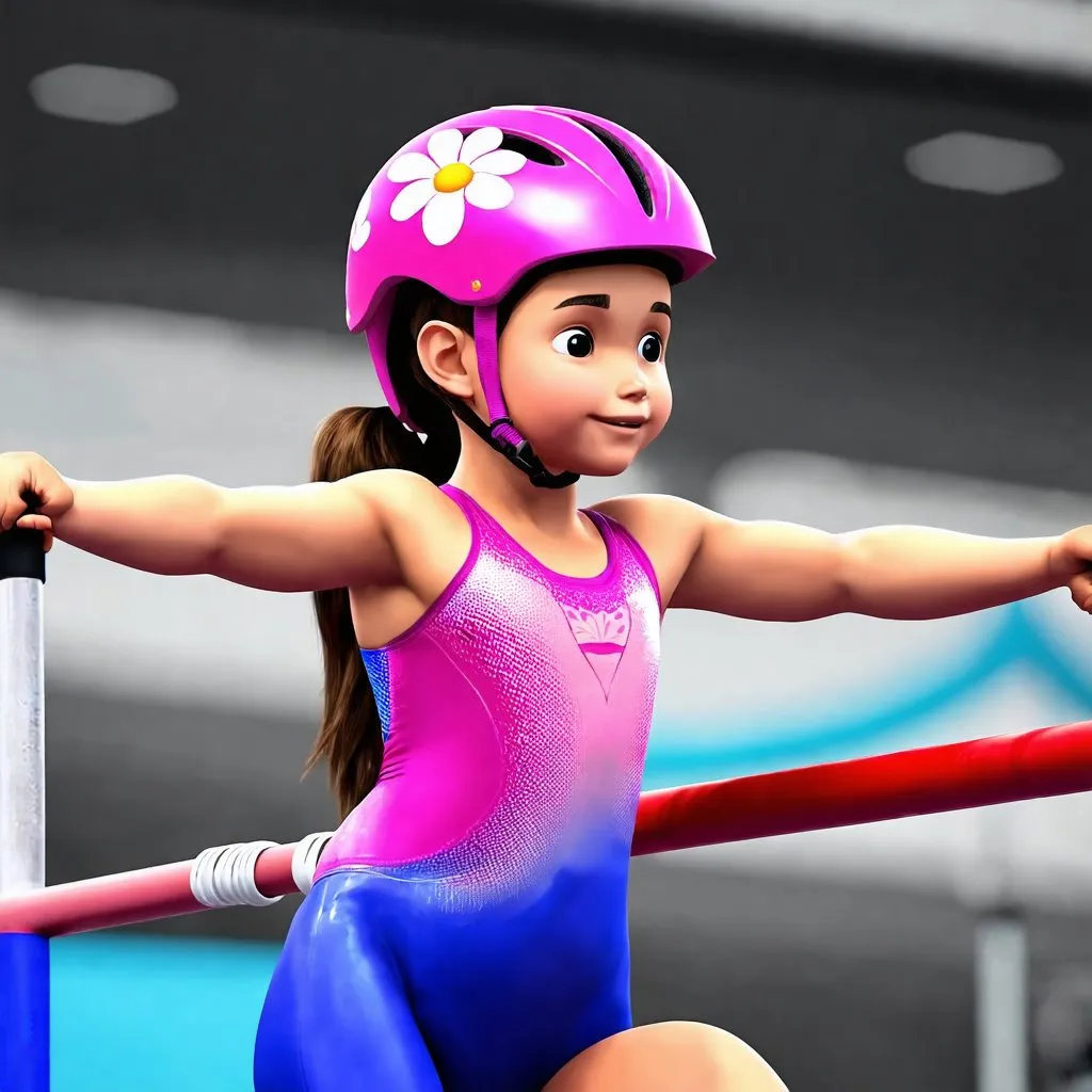 Prompt: A girl on bars (the gymnastics equipment) animated Wearing a pink flowery bike helmet 