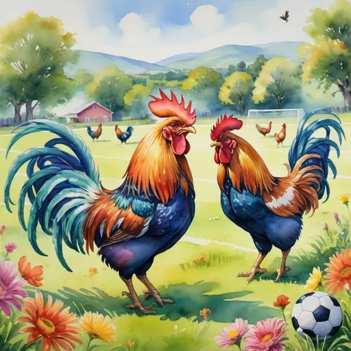 Prompt: (watercolor painting), a whimsical scene of (a group of vibrant roosters) joyfully playing soccer on a lush green field, feathers glistening in warm sunlight, dynamic poses capturing the excitement of the game, a bright blue sky in the background, surrounded by colorful flowers and grass, ultra-detailed, cheerful ambiance.