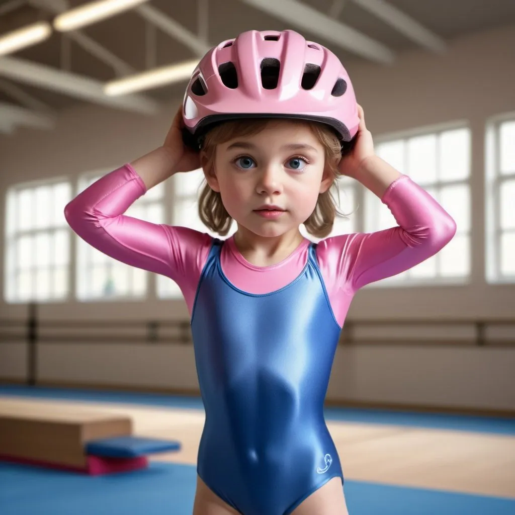 Prompt: Realistic illustration of a little girl in a blue leotard, wearing a pink bike helmet, practicing gymnastics in a bright gymnasium, detailed facial features, realistic lighting and shadows, high quality, realism, gymnastics, pink helmet, blue leotard, bright gymnasium, detailed facial features, professional, realistic lighting