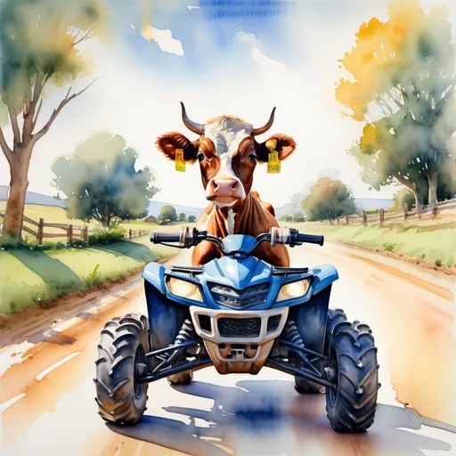 Prompt: Watercolor painting of a naughty calf riding a quad bike on a sunlit road, front hooves confidently on the handlebars, playful scene. Vivid colors blending harmoniously, warm light reflecting on the bike, background hints of a scenic countryside, whimsical and cheerful atmosphere, ultra-detailed, capturing movement and joy effectively.