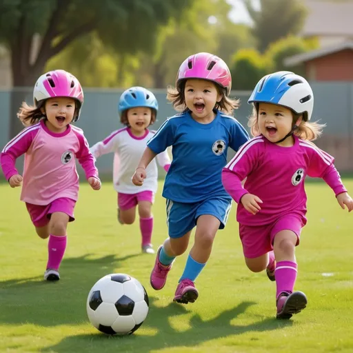 Prompt: Little toddler girls playing soccer in bike helmets, wearing soccer uniforms, kids wearing bike helmets, two teams in pink and blue, running and chasing the ball, girl kicking the ball, girl as goalkeeper, advertising style, vibrant colors, dynamic action, high energy, playful atmosphere, detailed facial expressions, sunny outdoor setting, professional art, colorful, high quality, lively