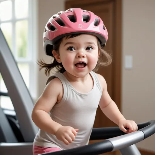 Prompt: Photorealistic image of a toddler girl running on a treadmill, wearing a bike helmet, chubby cheeks, bright and lively expression, soft and realistic skin texture, detailed running shoes, dynamic movement, authentic childlike energy, high-quality photorealism, detailed bike helmet, realistic treadmill, vibrant and natural lighting, realistic color tones, genuine and lifelike, authentic motion blur, detailed facial features, professional rendering, photorealistic style, natural and vibrant colors, adorable and cheerful atmosphere, realistic and immersive