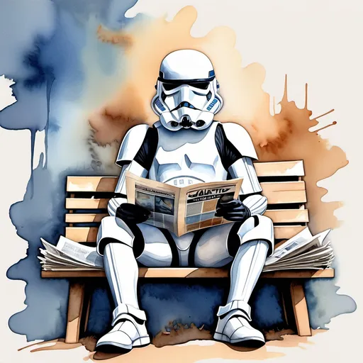 Prompt: (watercolor illustration), (Star Wars stormtrooper), casually seated, immersed in reading a newspaper, muted colors with soft blues and earthy tones, whimsical atmosphere, captivating and lighthearted vibe, simple abstract background, engaging details such as the newspaper's title featuring *Galactic News*, high-quality art, intricate brush strokes evident throughout, vibrant yet serene overall composition.