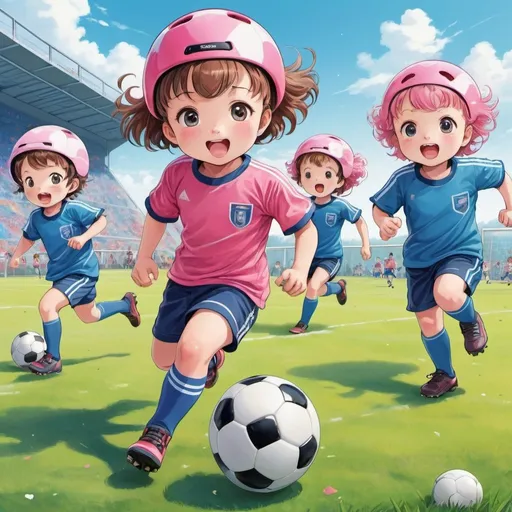 Prompt: Anime illustration of toddlers playing soccer, bike helmets, colorful uniforms, running & chasing ball, two teams (pink, blue), kicking ball, goalkeeper, highres, ultra-detailed, anime, colorful, soccer field, active kids, cute, dynamic poses, vibrant colors, intense facial expressions, outdoor setting, sunny and bright